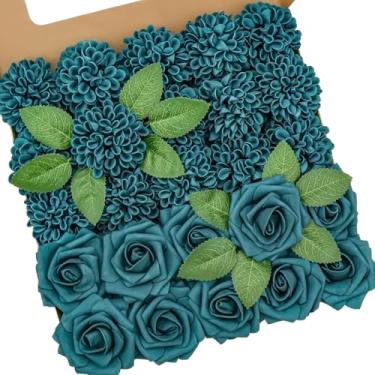 Imagem de YEEFLORA Flores artificiais, 25 peças de rosa artificial azul-petróleo escuro para buquês de casamento, arranjos de centro de mesa, rosa azul-petróleo escuro e flores de dália com haste para decoração