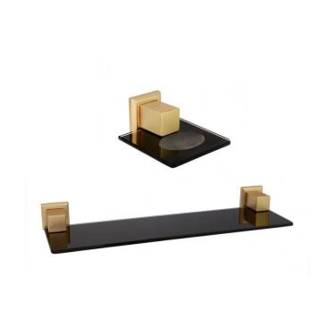 Imagem de Kit com Saboneteira e 1 Porta Shampoo  com Vidro Ouro Fosco