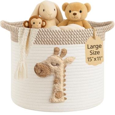 Imagem de Cesta de armazenamento de girafa para berçário – Caixa grande de corda de algodão de 38 cm x 28 cm com patch de feltro macio para animais – Organizador de brinquedos, cesto de roupa suja para bebês