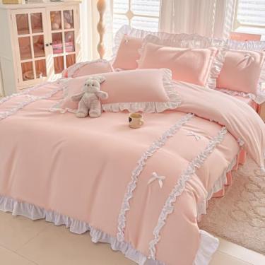 Imagem de IHOUSTRIY Capa de edredom rosa pêssego tamanho Queen, conjunto de capa de edredom com laço fofo com fecho de zíper, 3 peças, conjunto de cama de microfibra macia com babados com 4 laços (228 x 228 cm