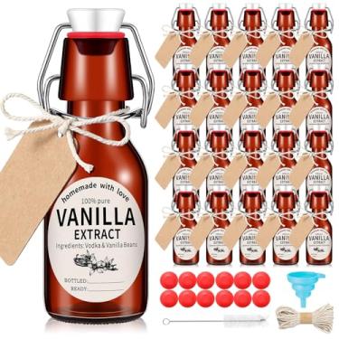 Imagem de Vesici Conjunto de 20 conjuntos de garrafas de vidro com tampa giratória, frascos de extrato de baunilha caseiros âmbar com rolhas adesivos, tampas, funil de pincel, etiquetas de corda, frascos de