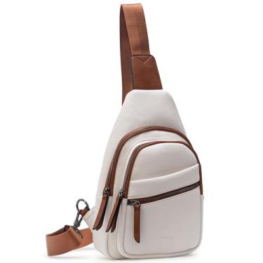 Imagem de Alldaily Bolsa tiracolo grande para mulheres, bolsa tiracolo de couro, moderna, bolsa de peito para viagens, pochete, Branco com marrom, Flex semelhante ao couro