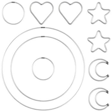 Imagem de SOFPLATE 4 formas de 12 peças de anéis centrais de metal apanhador de sonhos, círculos prateados, estrela de ferro, lua e coração, argolas de macramê para artesanato faça você mesmo, casamento