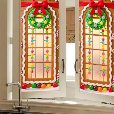 Imagem de HOMETITUTE Película decorativa para janela de vitral para casa de pão de gengibre película decorativa para janela de privacidade guirlanda de doces de Natal adesivo de janela removível para decoração