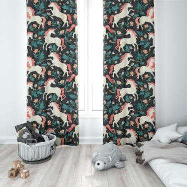 Imagem de Cortina Tecido Oxford Quarto Infantil Unicórnios e Folhas CI12 - 140x2