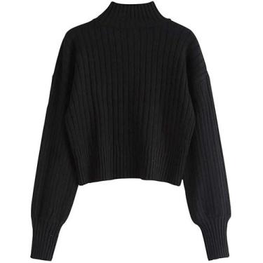 Imagem de Suéter feminino ZAFUL, gola redonda, manga comprida, malha canelada