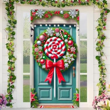 Imagem de BlissYard Capa de porta de Natal, guirlanda de doces, faixa de varanda 89 x 188 cm, decoração sazonal para pendurar na porta, pano de fundo para entrada, ambientes internos e externos, decorações
