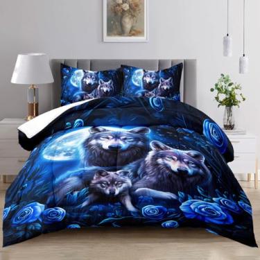 Imagem de Raphus cucullatus Jogo de cama King com estampa de lobo e lobo rosa azul, tamanho king, animal selvagem, acampamento,