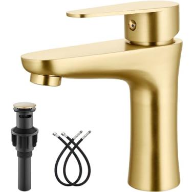 Imagem de Heyalan Torneira de banheiro alavanca única 1 furo SUS304 aço inoxidável montagem em deck lavatório interruptor único torneira pia pia com dreno pop-up e misturador de água quente e fria ouro escovado