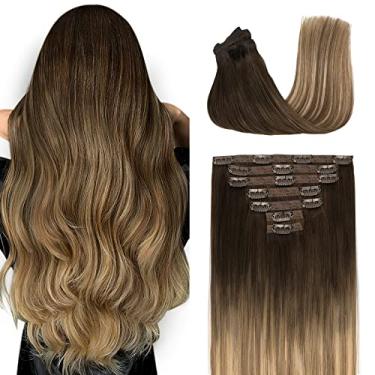 Imagem de Fimislosion Extensões de cabelo real com clipe em cabelo humano, extensões de cabelo sem costura, cabelo humano real, extensões de clipe de 45 cm para mulheres, marrom escuro a marrom castanho e loiro