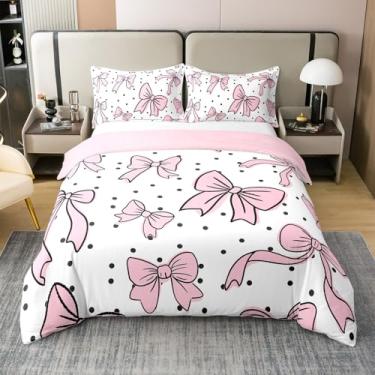 Imagem de Erosebridal Linda capa de edredom com laço rosa 100% algodão, conjunto de cama de microfibra com nó rosa e preto para crianças, meninas, princesa, laço, roupa de cama