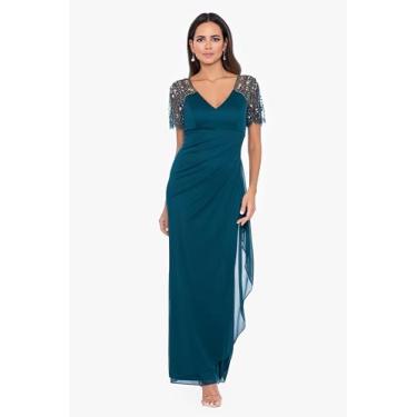 Imagem de Xscape Vestido longo feminino com decote em V e manga esvoaçante transparente fosco jersey, Verde esmeralda, 40