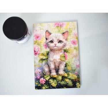 Imagem de Quebra-Cabeça Infantil Gatinha Kiki, 60 Peças, Ilustração em Aquarela com Flores