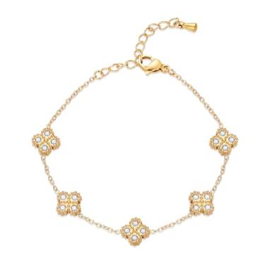 Imagem de SHINYSO Pulseira feminina de trevo banhado a ouro 18K com quatro folhas, zircônia cúbica da sorte, aço inoxidável, delicada, flor