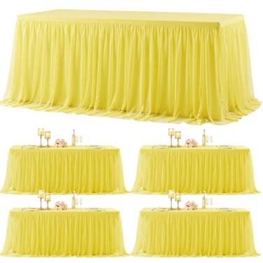 Imagem de Pacote com 4 toalhas de mesa de tule amarelo para mesas retangulares de 1,8 m, toalhas de mesa retangulares amarelas de 1,8 m, capa de mesa sem rugas, com saia tutu para aniversário, coquetel