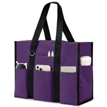 Imagem de Becokan Bolsa feminina grande, impermeável, com 12 bolsos, fecho de zíper, utilitária, professora, enfermeira, para trabalho, escola, Roxa, Large