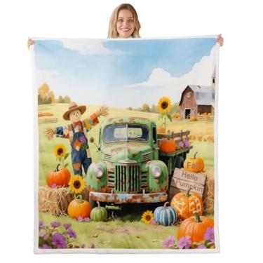 Imagem de Cobertor de abóbora de outono, caminhão, colheita, cobertores, flanela, crianças, meninos, meninas, decoração de quarto de Ação de Graças, girassol, cobertores para cama, sofá, sofá, laranja, verde