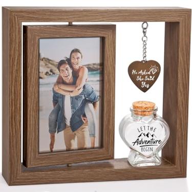 Imagem de Gredstar Moldura dupla face giratória de 360° 4 × 6 | Presente de noivado e casamento com pote de lembrança de lua de mel | Mostrador de aniversário He Asked, She Said Yes