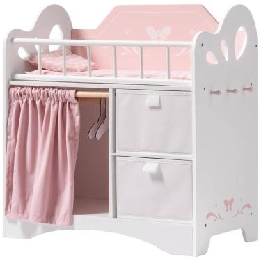 Imagem de Cama de Boneca ROBUD, Berço de Madeira com Gaveta e Enxoval, Design Encantador em Rosa para Bonecas de até 56cm