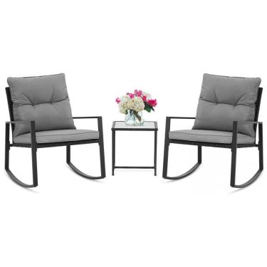 Imagem de Conjunto de Balanço para Varanda SUNCROWN 3 Peças em Vime Preto com Mesa de Centro de Vidro - Cinza Escuro
