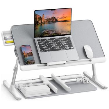 Imagem de Mesa cama para laptop, ajustável, portátil de pé com gaveta de zenamento, dobrável para tablet cinza, SAIJI K7M G, Branco