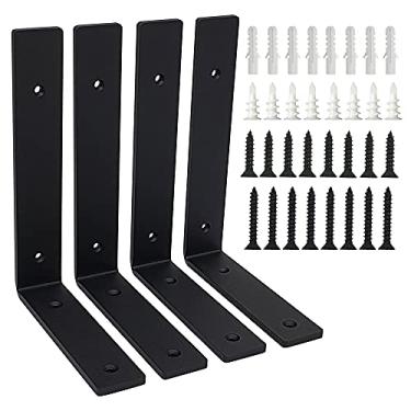 Imagem de Suportes de prateleira resistentes, pacote com 4, 21 x 16 cm, 0,6 cm de espessura – até 40 kg, suportes de prateleiras flutuantes de madeira de campo rústico de metal, montagem de canto de parede industrial, com parafusos e âncoras de parede