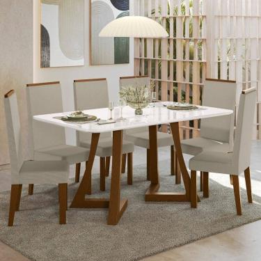 Imagem de Sala Jantar Ana 160cm Vidro 6 Cadeiras Linho Livia Âmbar/Off White