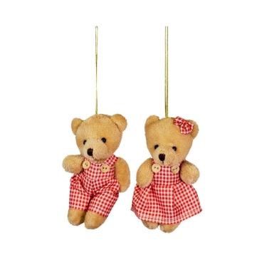 Imagem de Jogo Ursinho Decorativo Natal Casal Pelúcia Bege Roupa Vermelho Xadrez 12cm