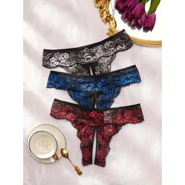 Imagem de Kit 3 Calcinha de Renda Floral com abertura Frontal ElaShopp