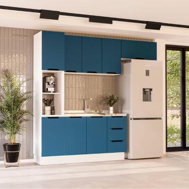 Imagem de Cozinha Compacta 250060 4 Peças Meena Com Rodapé Branco Azul Politorno Móveis