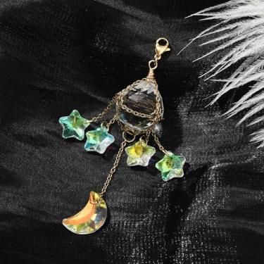 Imagem de 1 pç corrente de aço inoxidável, bolsa coletora de sol, pingente de lágrima, decorações penduradas, apanhadores de sol, criador de arco-íris com pingente de lua de vidro, dourado, 102,5 mm