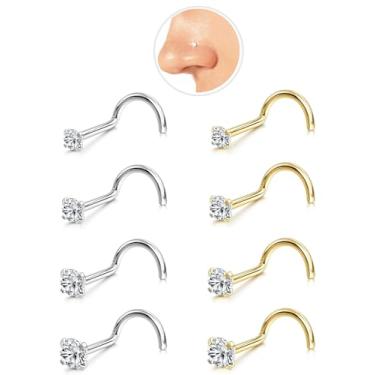 Imagem de 8 peças de aço cirúrgico hipoalergênico 20G em forma de L / parafusos de nariz para mulheres e homens, anéis de nariz de saca-rolhas com 1,5-3 mm CZ gancho leve pinos de narina, 1.5/2.0/2.5/3.0mm, Aço