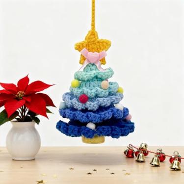 Imagem de Pingente de árvore de Natal tricotado, mini árvore de Natal com sino, pingente de crochê feito à mão, bonito criativo na parte traseira do carro, enfeites para pendurar no espelho retrovisor, presente