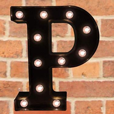 Imagem de Letreiro decorativo com letras iluminadas por LED - Letras de letreiro do alfabeto com luzes para festa de aniversário de casamento, Natal, luz noturna, decoração de bar, preto P