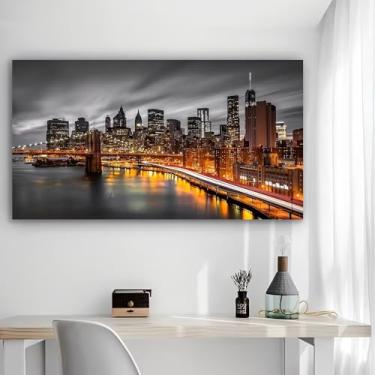 Imagem de Arte de parede em tela rústica com horizonte da ponte noturna da paisagem urbana - Pôster sem moldura de 30,5 x 61 cm - Decoração de casa e escritório para sala de estar, quarto, cozinha e café