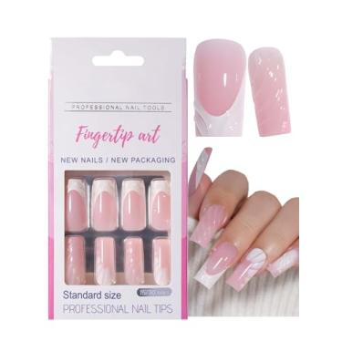 Imagem de 30 peças de pontas francesas unhas postiças quadradas médias, 3D Swirl Nude Rosa Cola em Unhas Prensa em Unhas Quadradas Acrílicas, Unhas Falsas Femininas Artificiais Francesas Unhas Falsas Médias