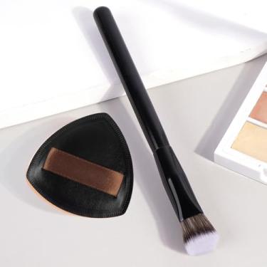 Imagem de Pincéis de maquiagem corretivo de precisão angular pincéis de maquiagem para creme, líquido, pó com puff de maquiagem, preto