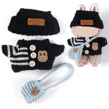 Imagem de Compatível com Labubu (sem boneca) - Conjunto de malha preta (chapéu + suéter + calça + bolsa azul) com patch de coelho, roupas de boneca de 15 cm/17 cm (preto, com bolsa)