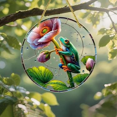 Imagem de Acrílico colorido Suncatcher, sapo na flor na chuva, 18 cm, decoração de parede para janela suspensa com design de vitral impresso, ideia de presente e ornamento de jardim, uso interno e externo