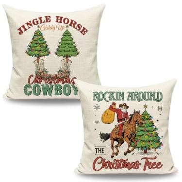 Imagem de Western Cowboy Santa Farmhouse Decorações de Natal vintage 45,7 x 45,7 cm Conjunto de 2, Almofadas de árvore de Natal rústica estilo neutro para sofá e decoração de interiores, presentes de inverno