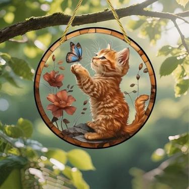 Imagem de Acrílico colorido Suncatcher, gatinho alcançando borboleta, janela suspensa de 18 cm, decoração de arte de parede com design de vitral impresso, ideia de presente e ornamento de jardim, uso interno e