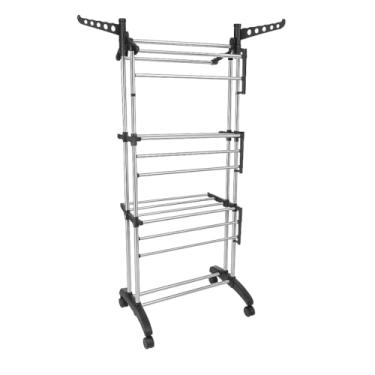 Imagem de Varal de Chão Dobrável com 3 Andares, Bandejas e Cabideiro, Estrutura em Metal Preto, Móvel com Rodas