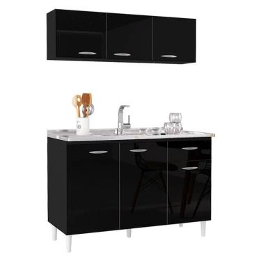 Imagem de Cozinha Modulada Alice 120cm Armário Aéreo e Balcão para Pia Preto Poquema