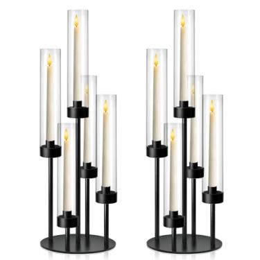 Imagem de KEHAIL Peça central de candelabro de mesa de metal preto com 5 braços, suporte de castiçais transparentes de 56 cm de altura com sombra para eventos do dia dos namorados, mesa de festa, ajuste para