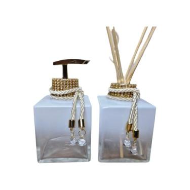 Imagem de Kit Lavabo Vidro Branco 250Ml com Difusor de Varetas Decoradas e Porta Sabonete Luxo Com Strass Para Organização e Decoração de Banheiro Lavabo - Luiggi Presentes® (Branco e Rosê Gold)