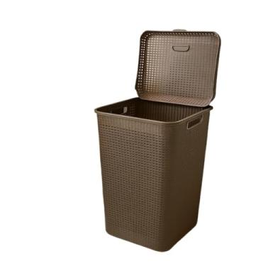 Imagem de Cesto de Roupas Plástico com Tampa 70L Estilo Rattan para Lavanderia e Banheiro (camurça)