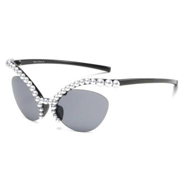 Imagem de HCPIHF Óculos de armação grande de pérola para mulheres da moda (preto-preto)