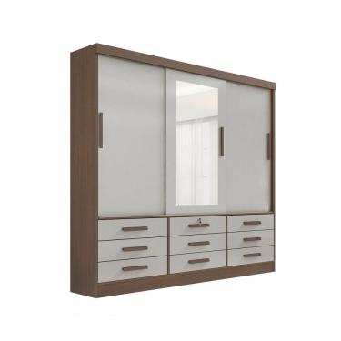 Imagem de Guarda Roupa Casal Meridian Com Espelho 3 Portas 9 Gavetas Com Pés - D' Doro Castanho/off White