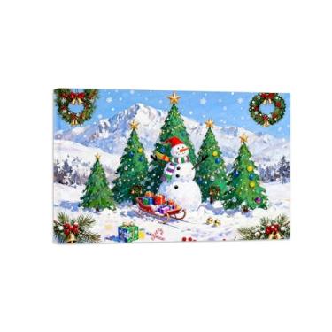 Imagem de Natal Pintura arte parede em tela-Boneco neve árvore montanha-Imagem decoração moderna-Impressões Sala de Estar 20x30cm8x12in Tela Embrulhada