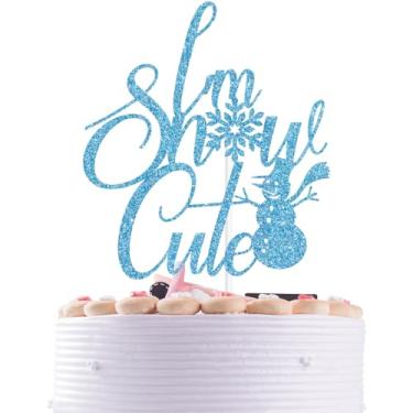 Imagem de Topo de bolo fofo com glitter azul I'm Snow, decoração de festa de chá de bebê com tema de boneco de neve de inverno